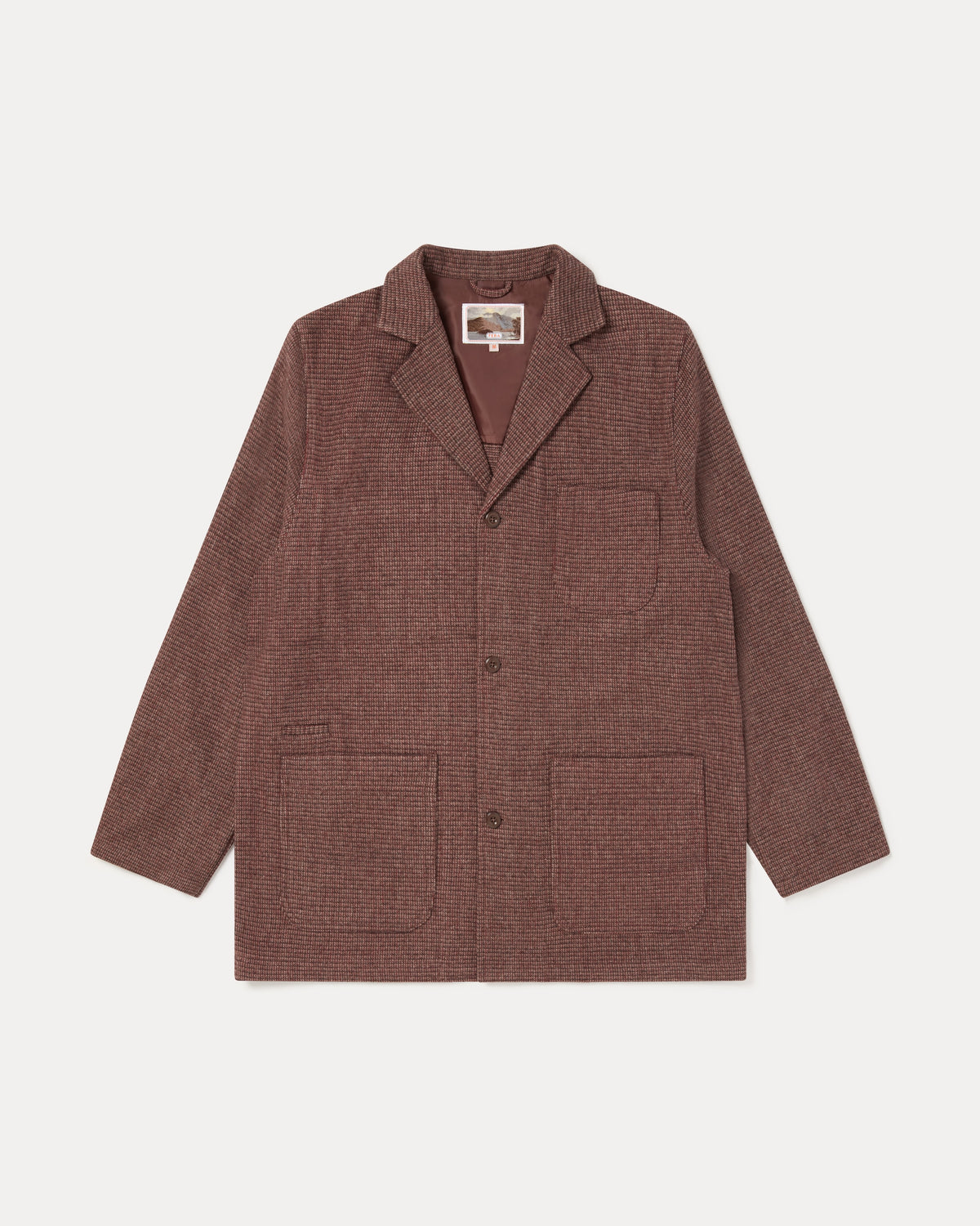Fera Studio Jacket in Tweed, front view of the brown houndstooth wool blend chore jacket with patch pockets