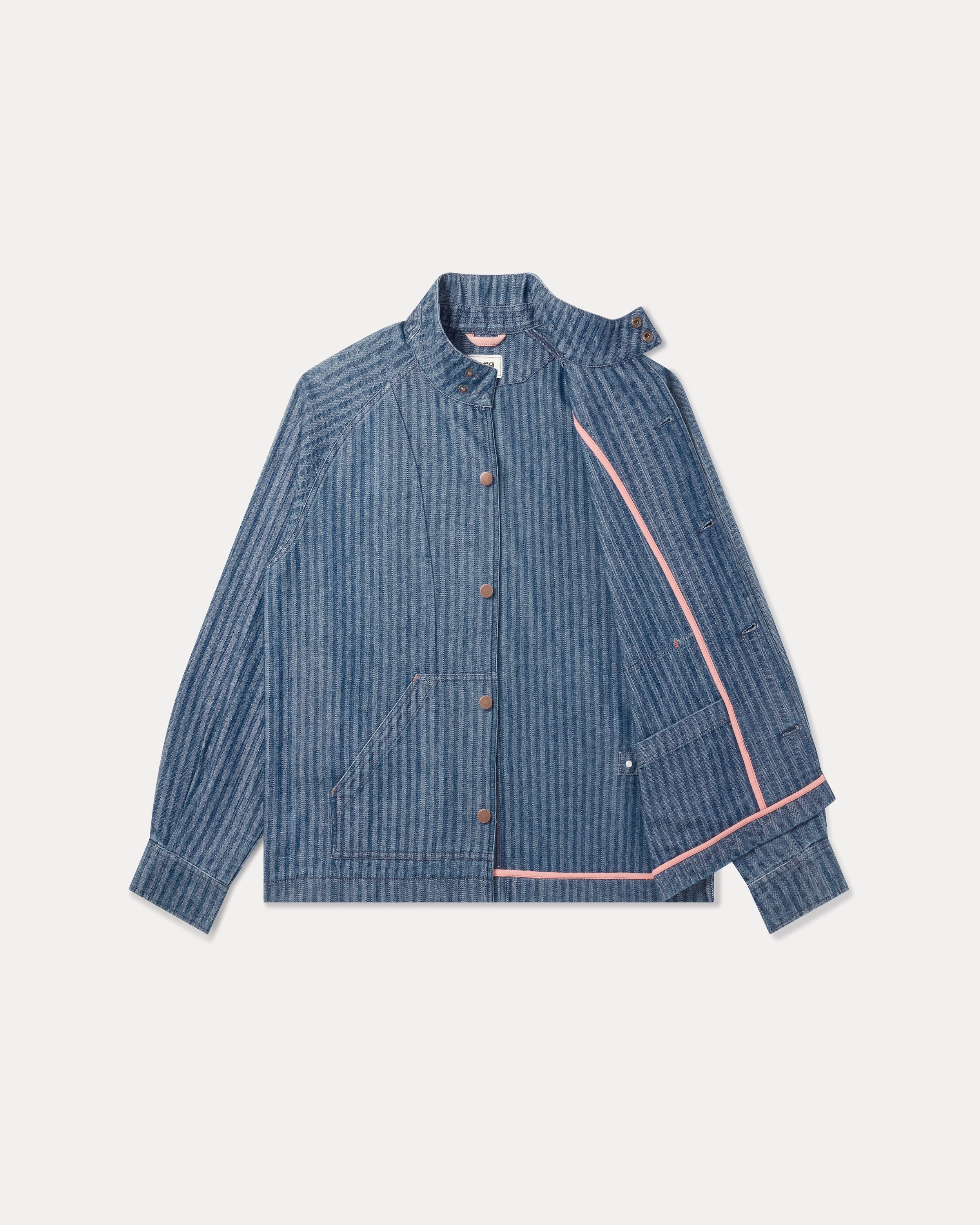 The Fera Uniform Jacket in striped denim, a button-up jacket with a stand collar.