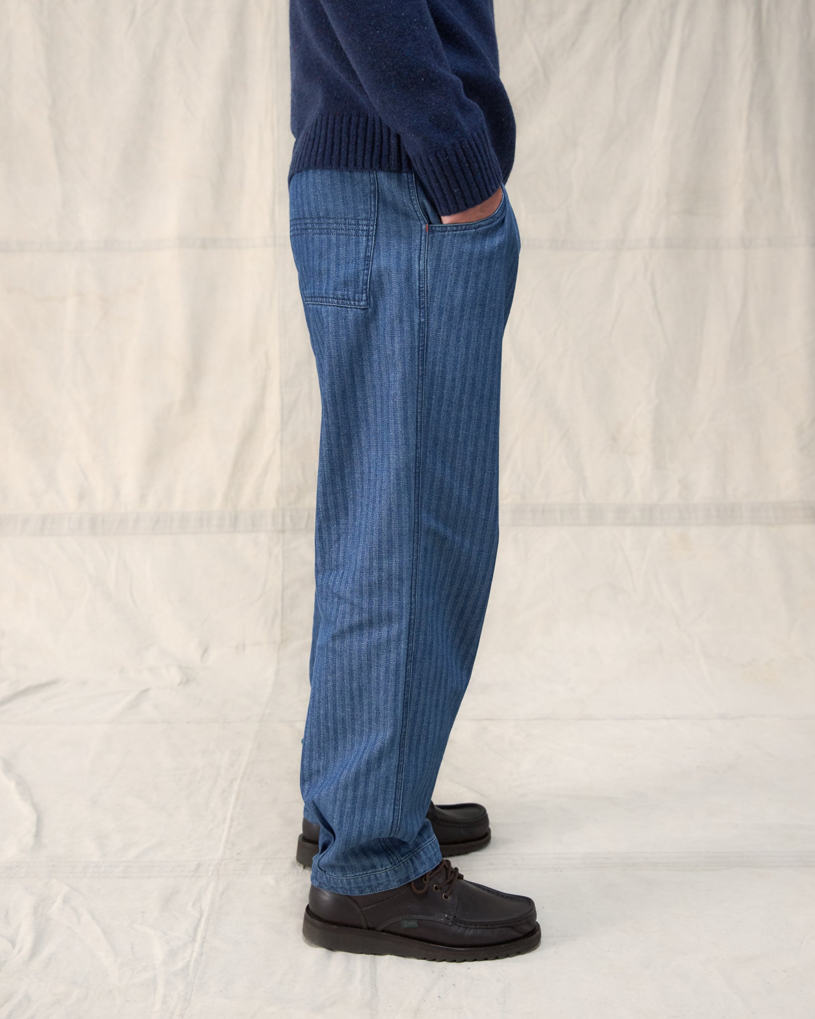 The Fera Uniform Trouser in a striped denim