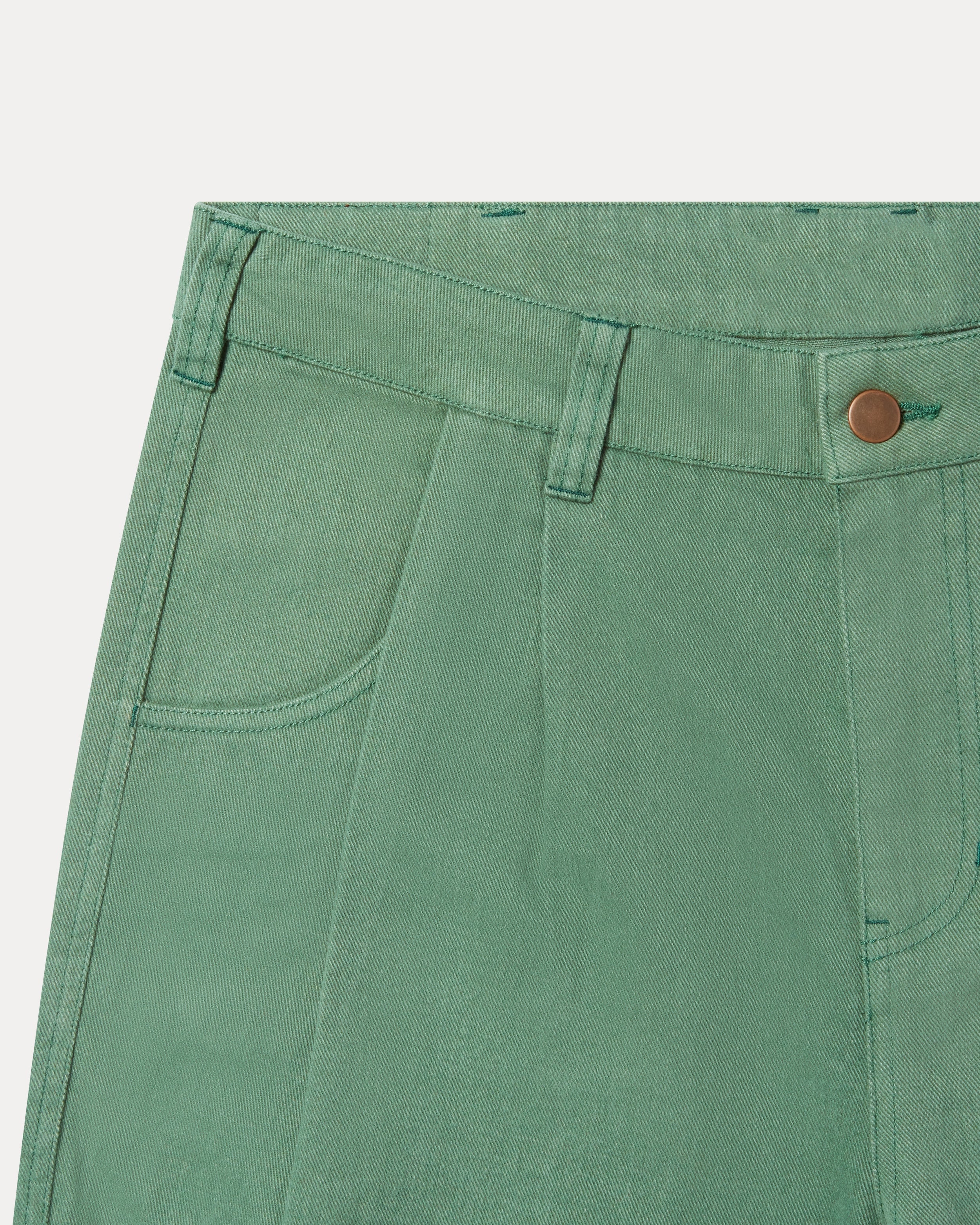 Close-up of the Fera Uniform Trouser waistband showing belt loops, a button closure, and the side pocket, on a light gray background.