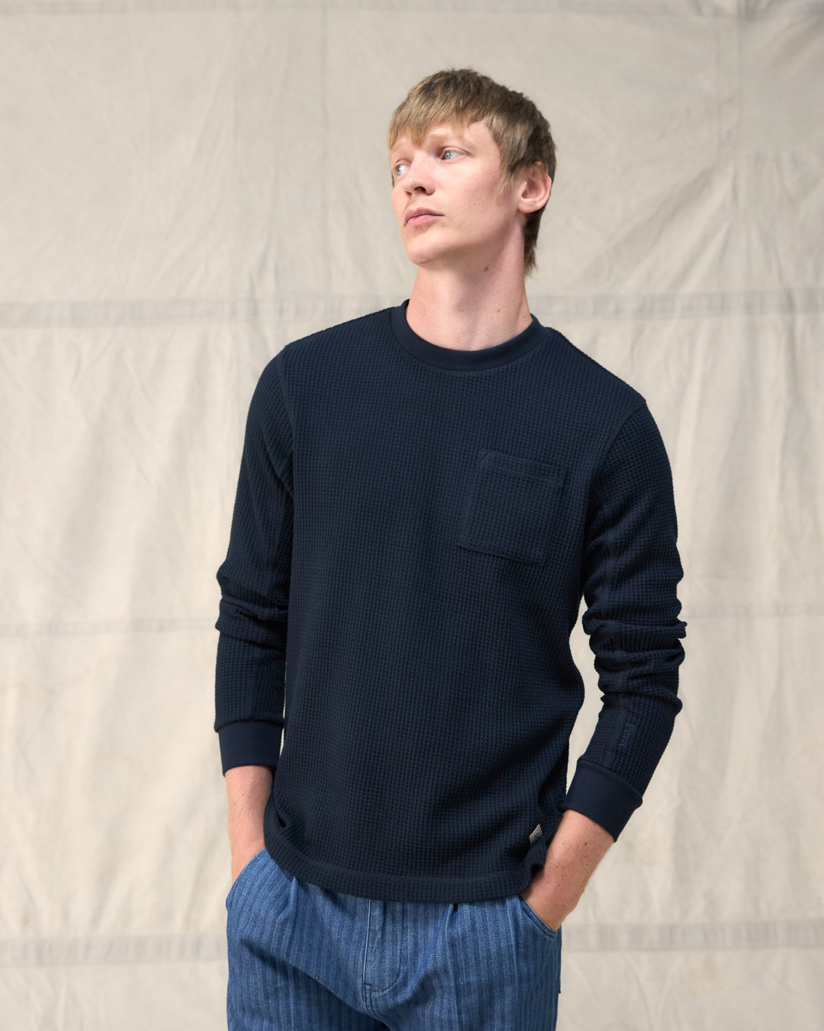 Fera Waffle Longsleeve in Navy Poly Cotton blend