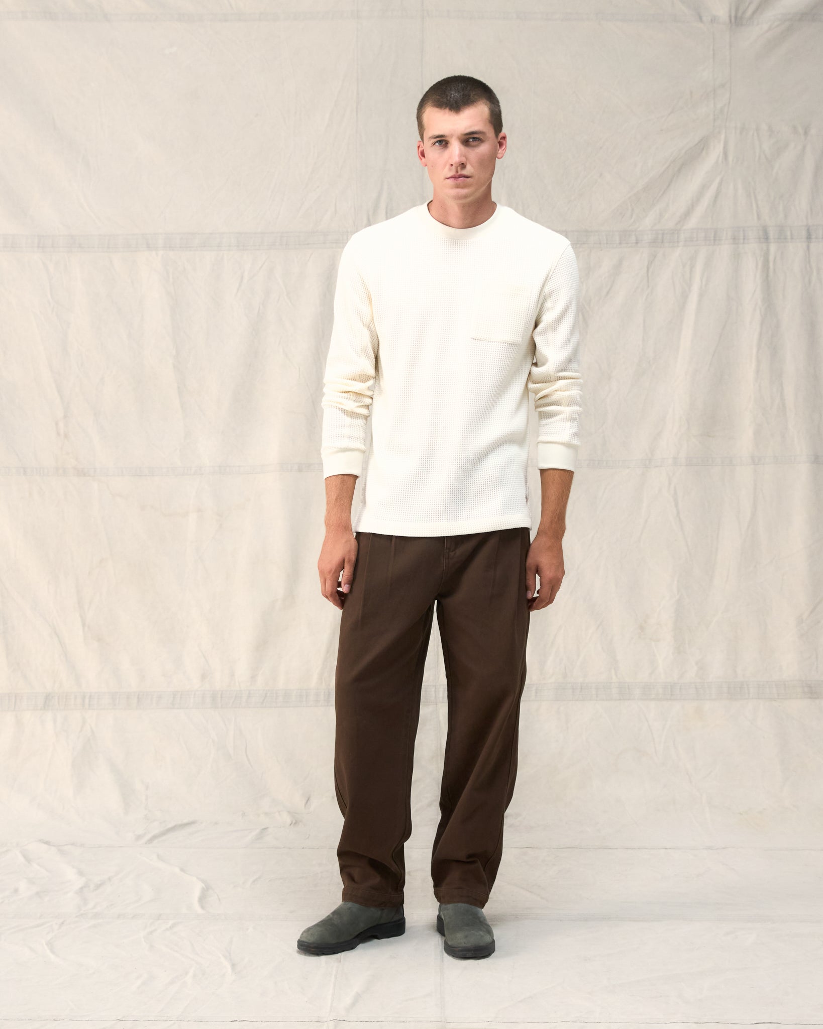 The Fera Waffle Long Sleeve in White Cotton Blend