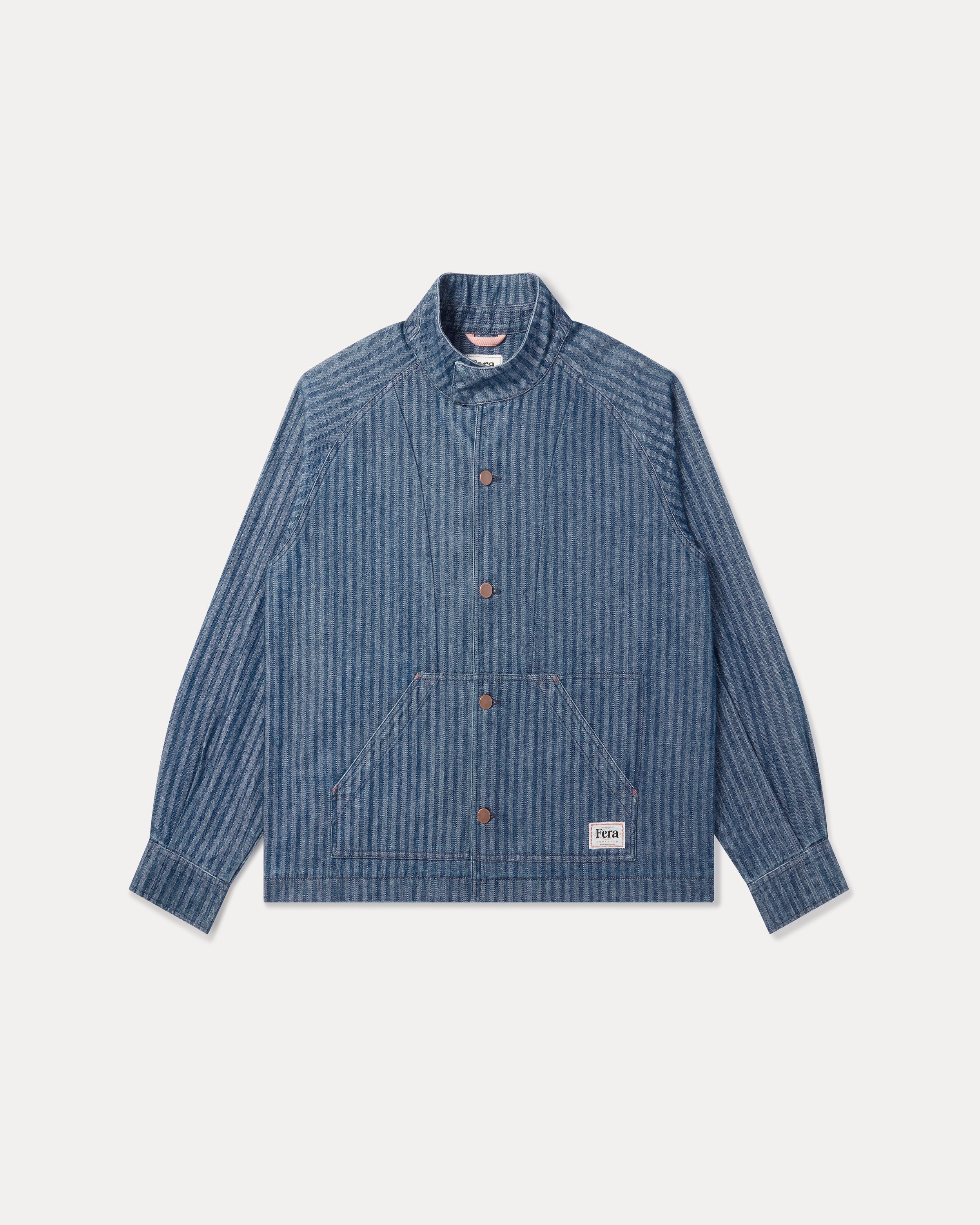The Fera Uniform Jacket in striped denim, a button-up jacket with a stand collar.