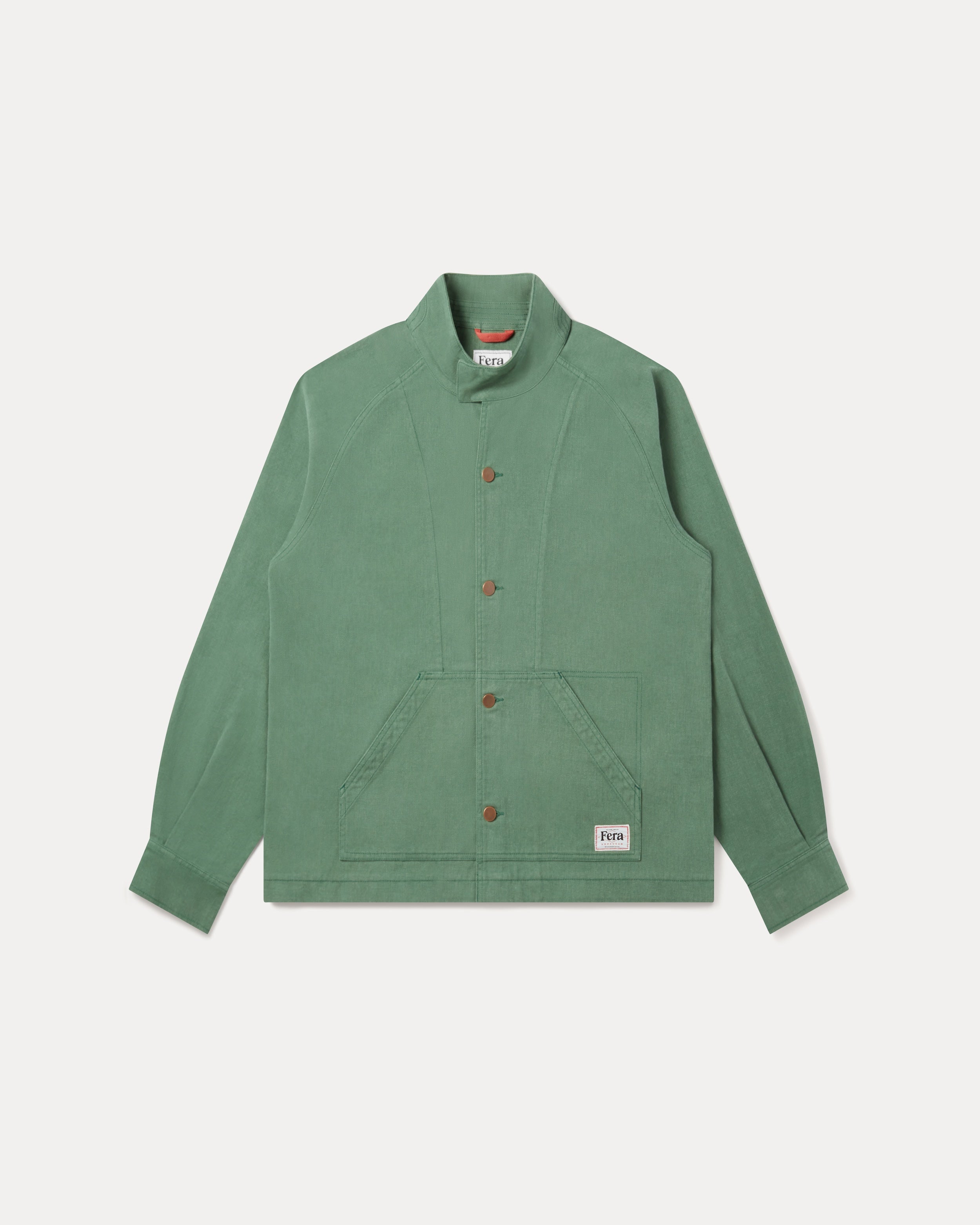 The Fera Low Collar Jacket in a soft washed green cotton