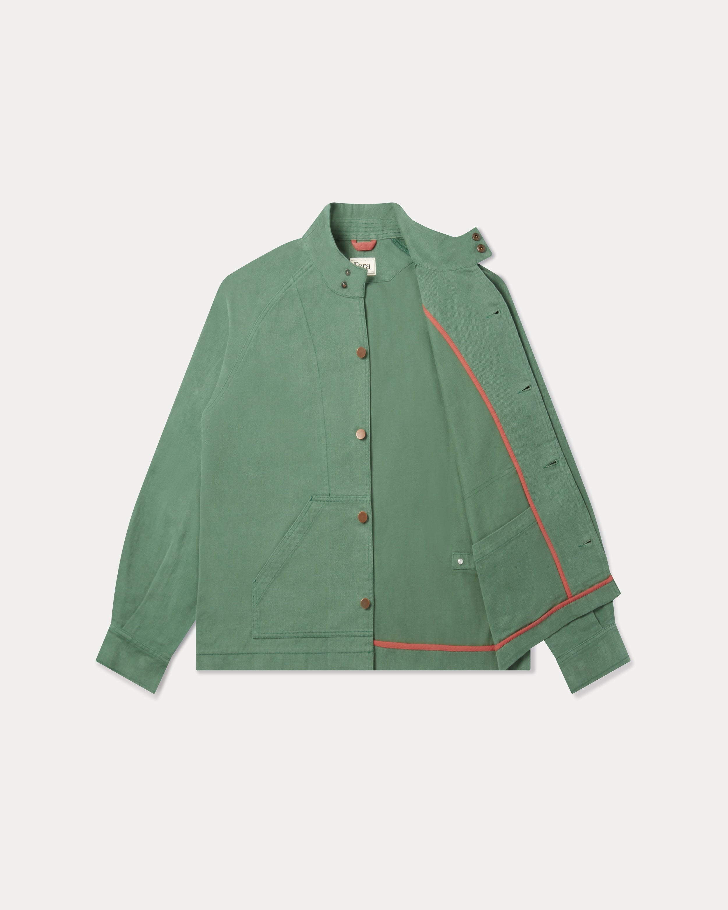The Fera Low Collar Jacket in a soft washed green cotton
