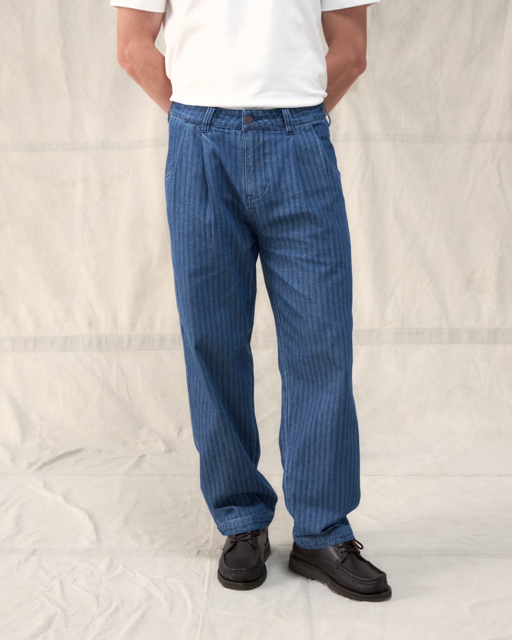 The Fera Uniform Trouser in a striped denim