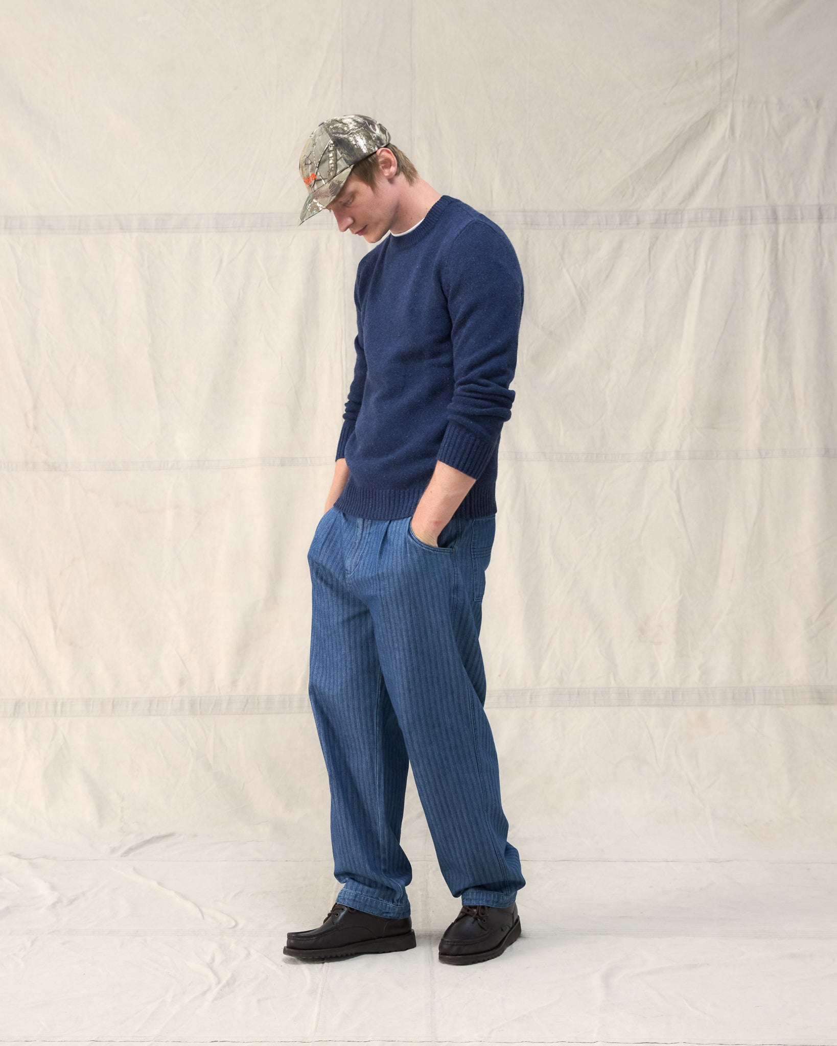 The Fera Uniform Trouser in a striped denim