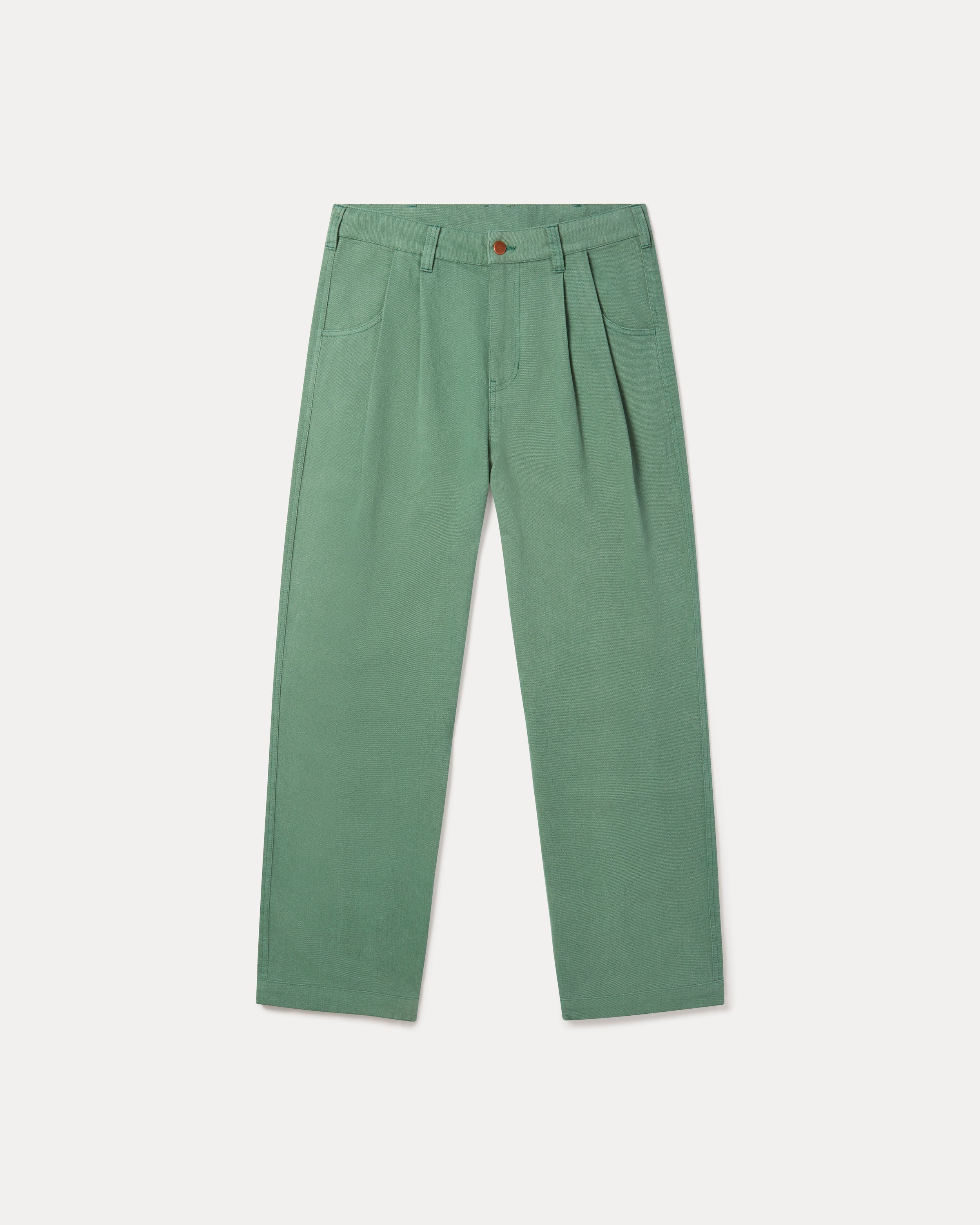 Our Fera Uniform Trousers are cut from a 250gsm washed green cotton and pair a wider, relaxed leg with refined double pleats at the waist.