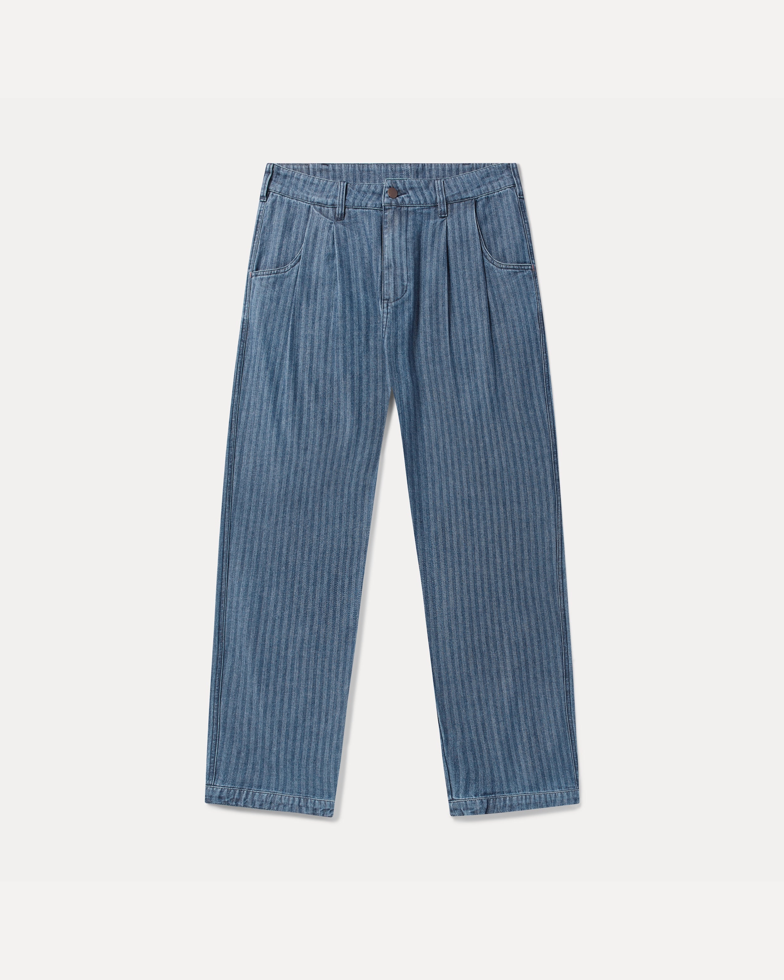 The Fera Uniform Trouser in a striped denim