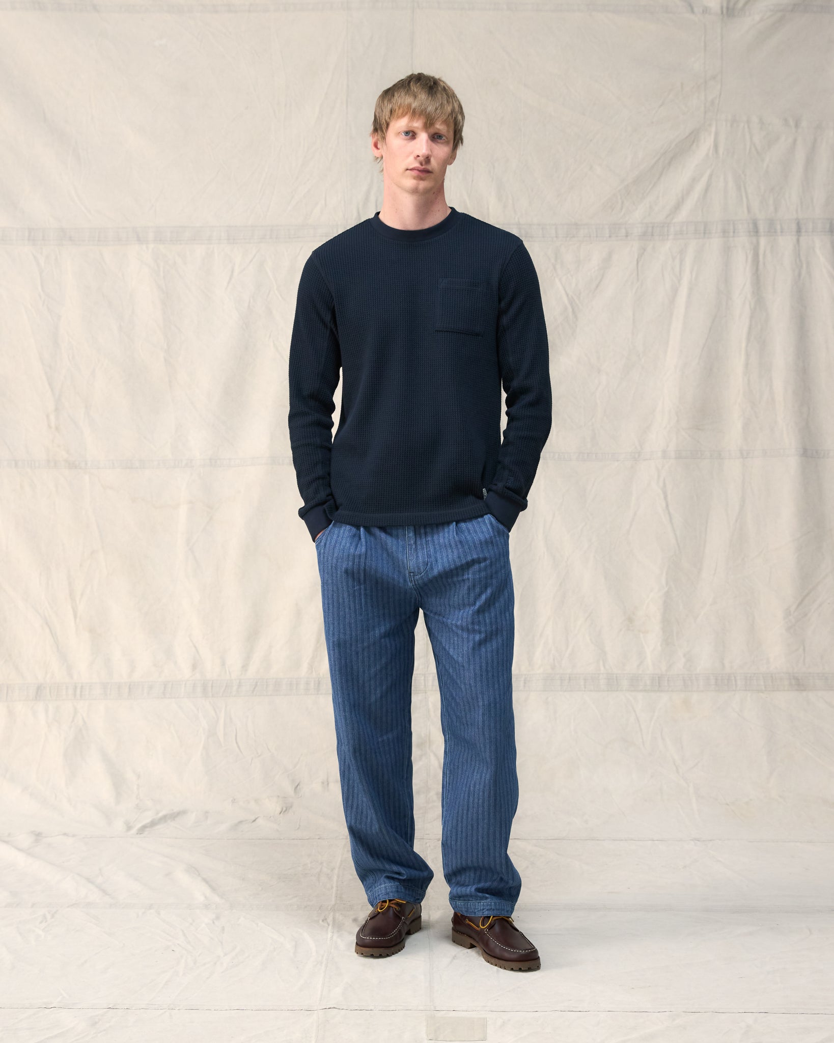 Fera Waffle Longsleeve in Navy Poly Cotton blend
