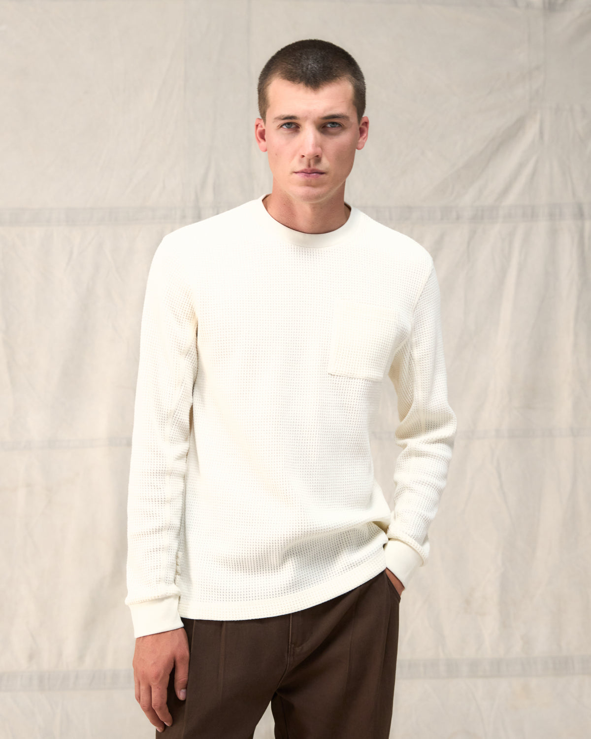 The Fera Waffle Long Sleeve in White Cotton Blend